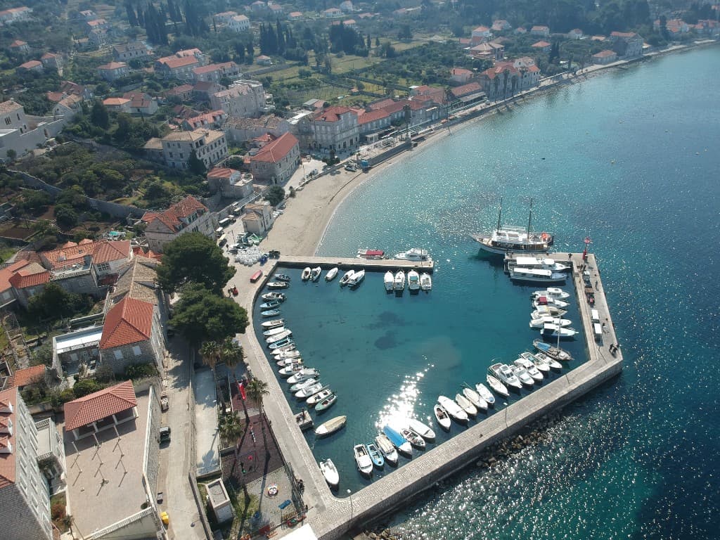 Aerial view of a charming Elafiti Islands harbor village